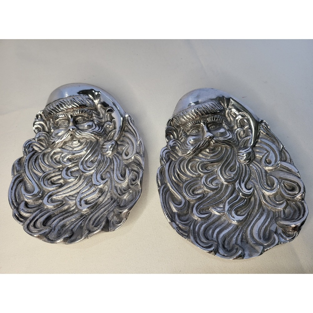 Vintage Santa Claus Cast Aluminum Trays Set of 2 Silver Christmas Decor Mexico
